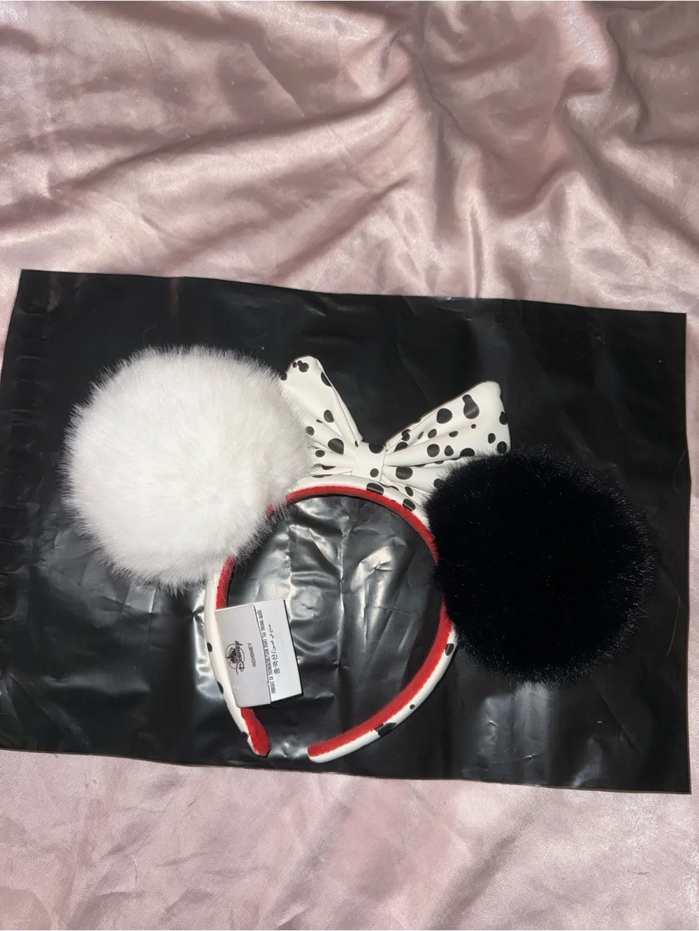 101 Dalmatian Print Bow Disney Minnie ears with Black and White Pom Ears